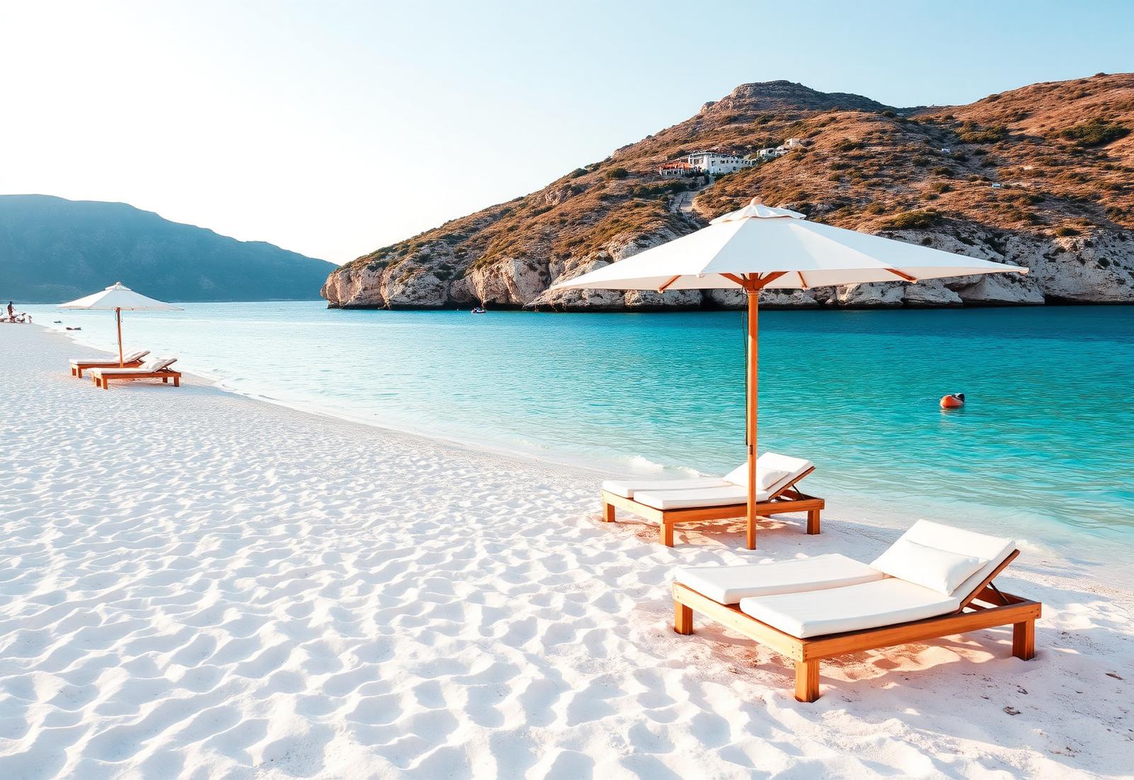 White sand beach with loungers and turquoise water