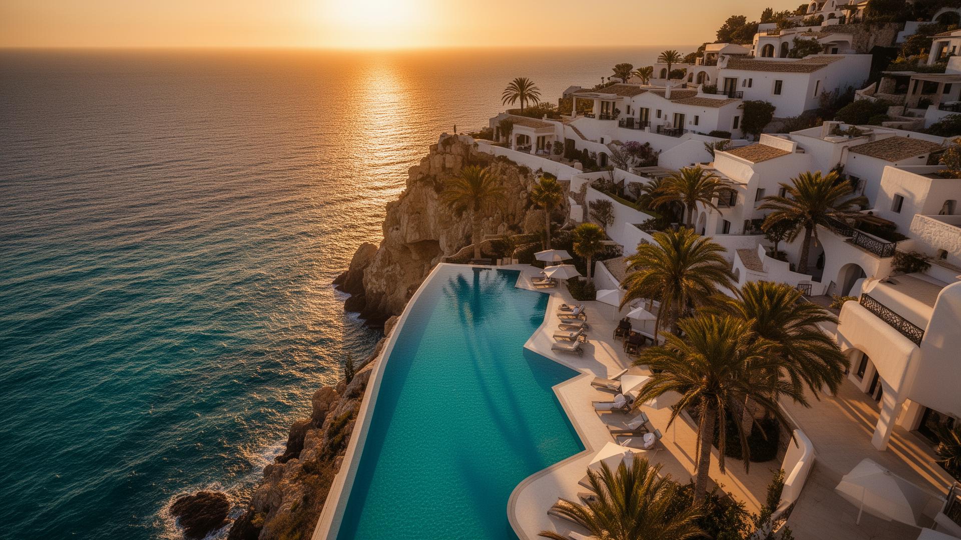 Cliffside Mediterranean resort at golden hour
