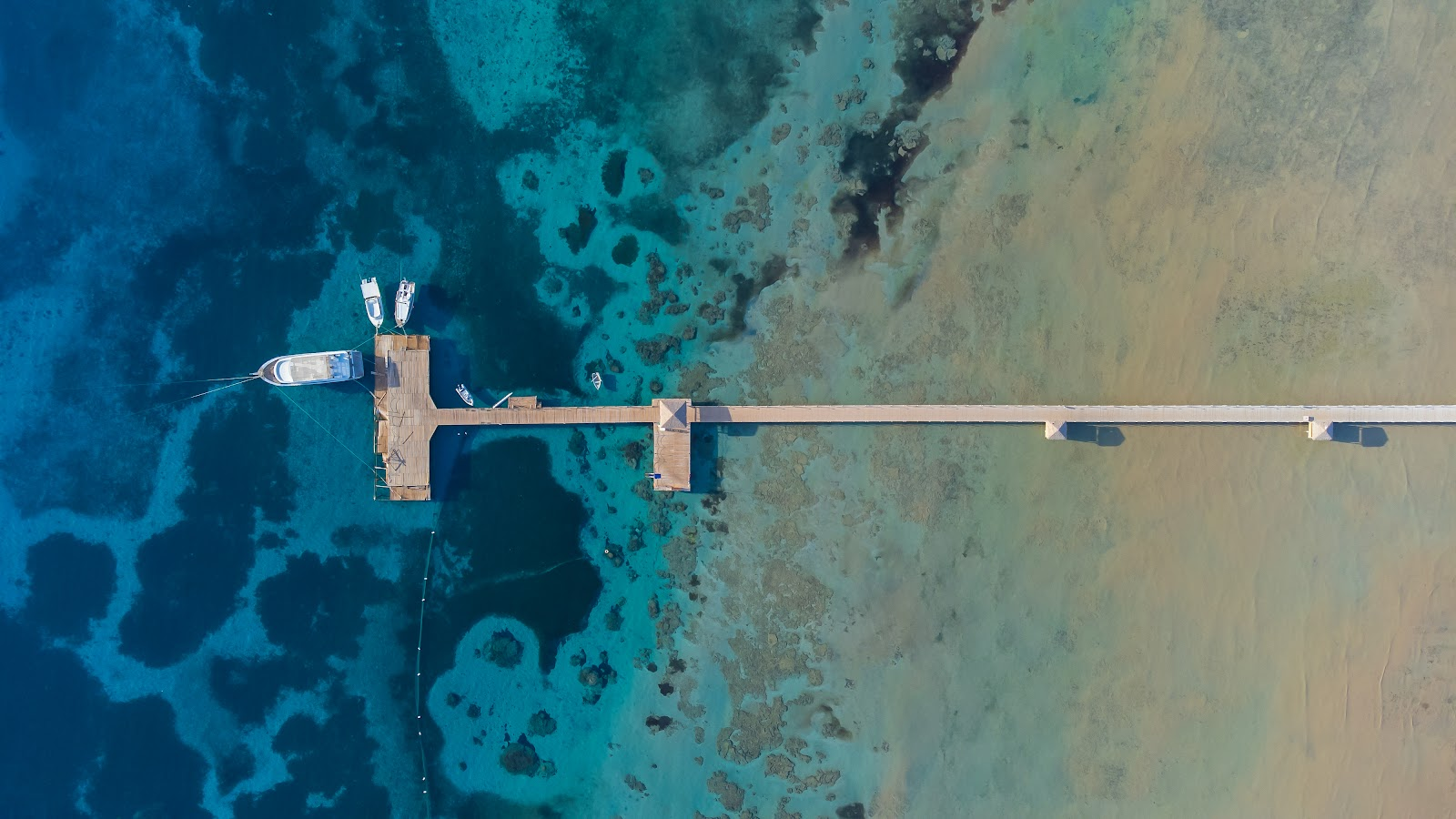 Aerial view of pier extending into turquoise sea
